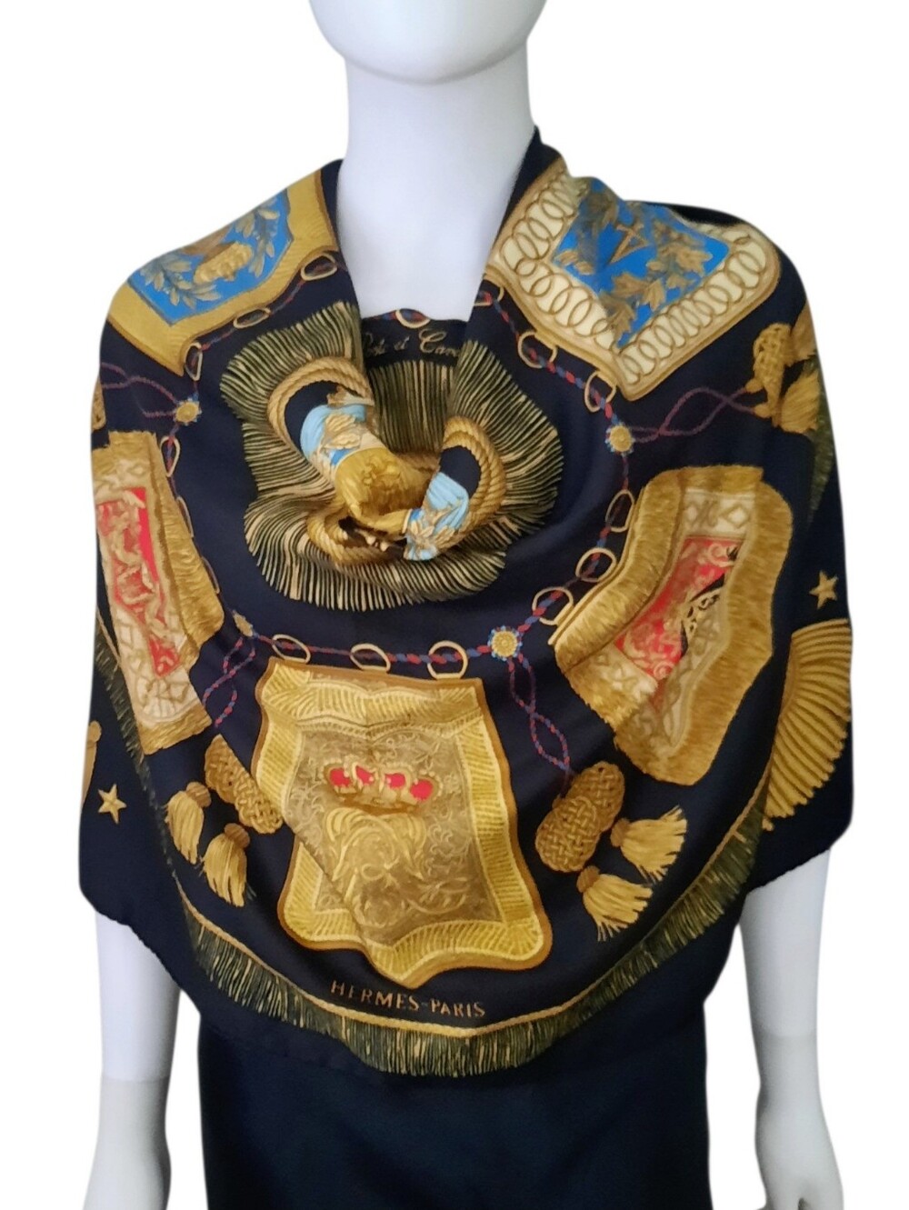 Vintage HERMÈS Poste Et Cavalerie Silk Twill Scarf 90cm Black/Gold/Multi
